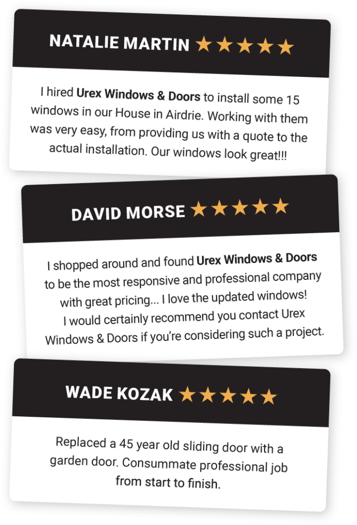 Three customer testimonials for Urex Windows & Doors displayed in black and white cards with five-star ratings. The reviews highlight the quality of window and door installations, with specific mentions of professionalism, responsiveness, and satisfaction with the final results.