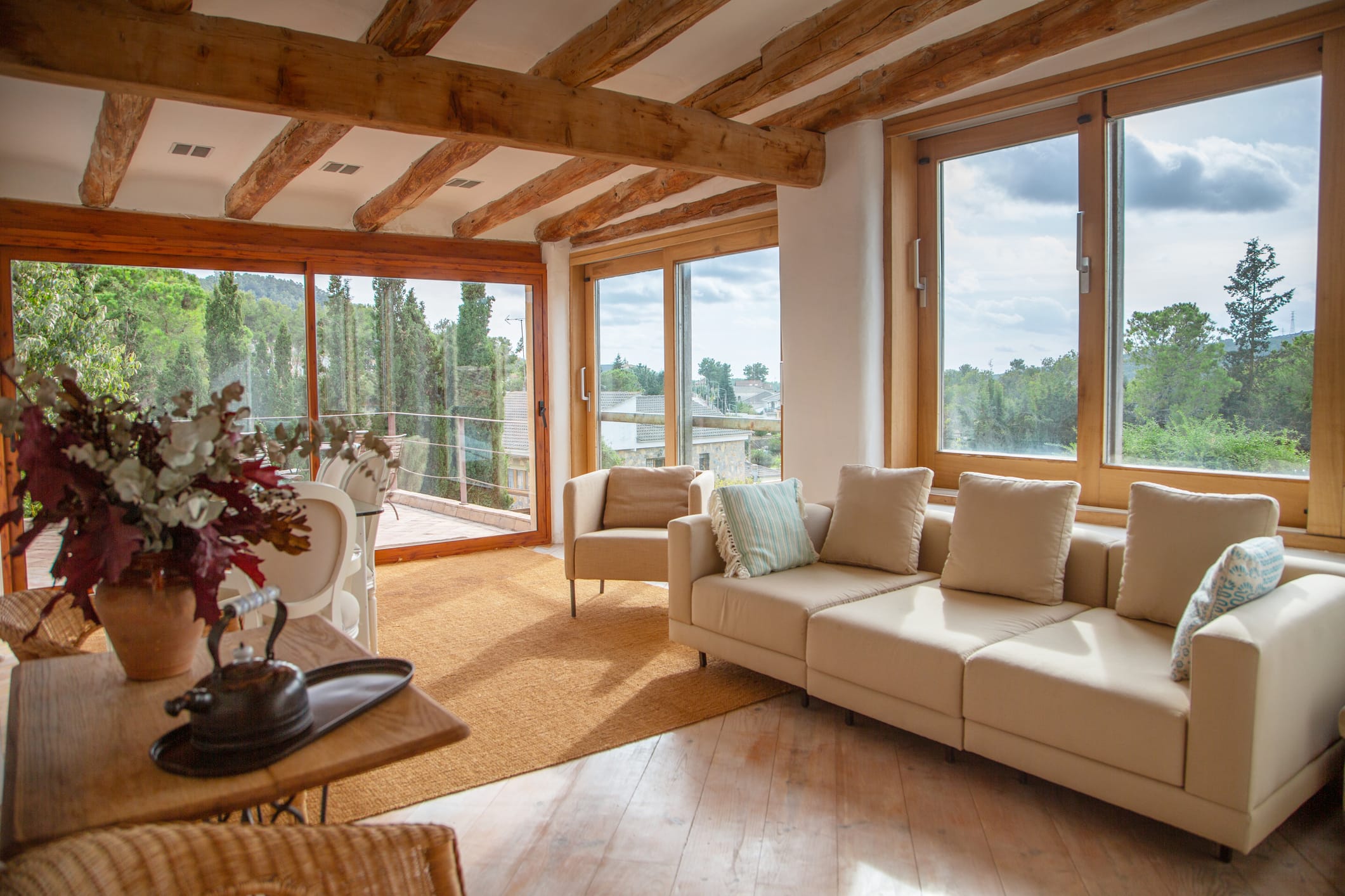 interior of the house with wooden windows and door